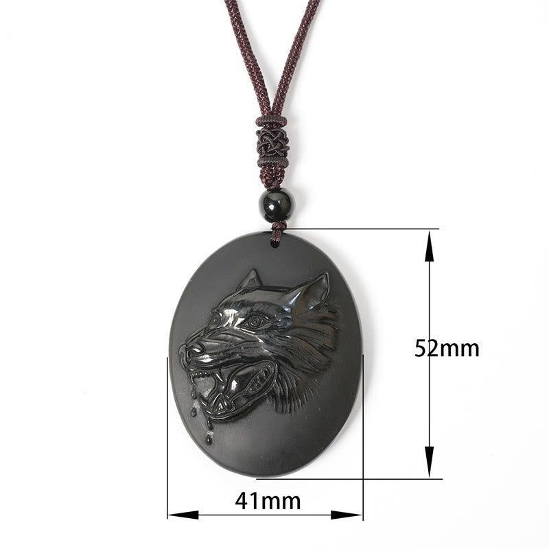 Nimara Ritual Wolf Head Natural Black Obsidian Strength Necklace Pendant