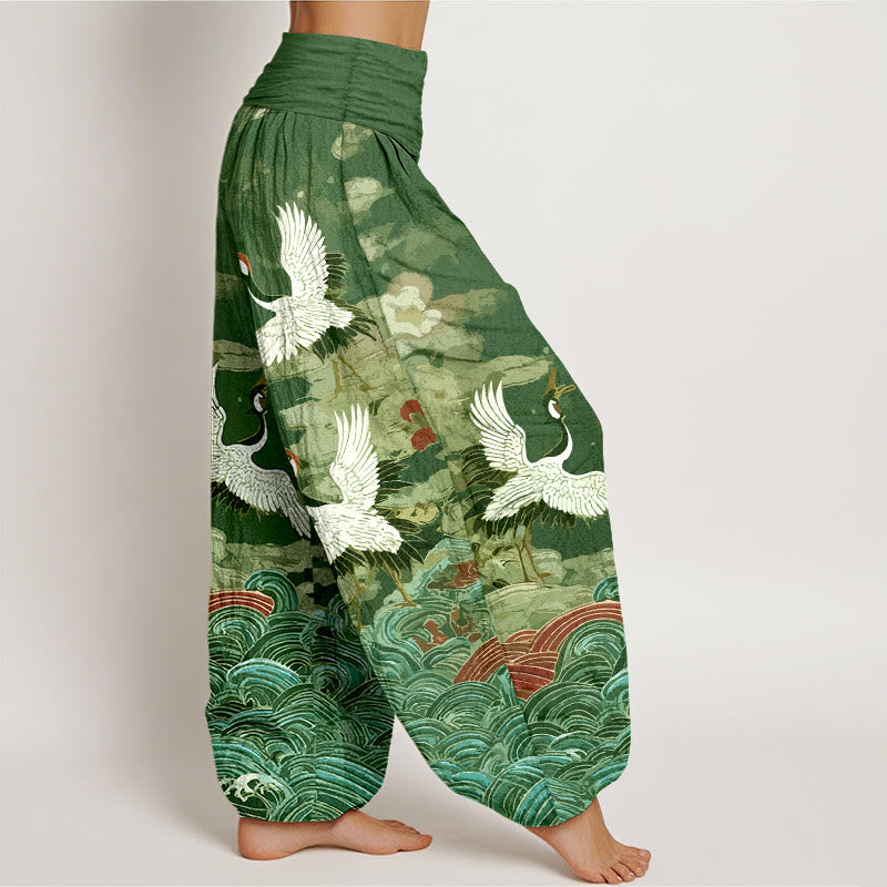 Nimara Ritual Cotton Classic Crane Waves Cloud Pattern Women's Elastic Waist Harem Pants