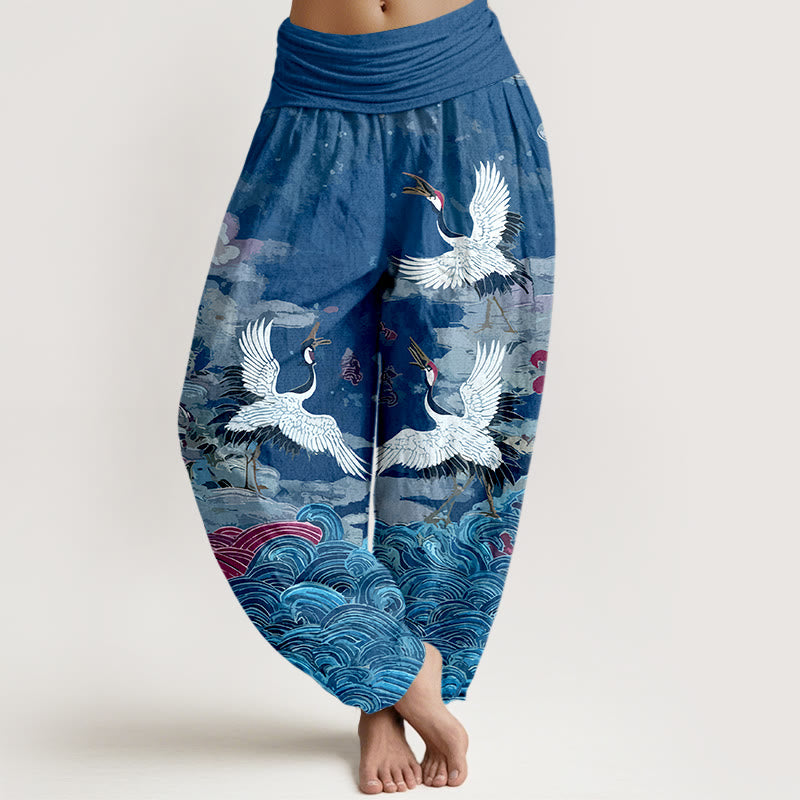 Nimara Ritual Cotton Classic Crane Waves Cloud Pattern Women's Elastic Waist Harem Pants