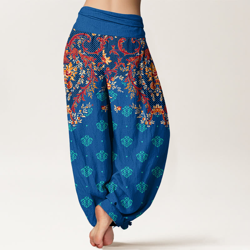 Nimara Ritual Cotton Symmetrical Leaf Scroll Pattern Women's Elastic Waist Harem Pants