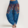 Nimara Ritual Cotton Symmetrical Leaf Scroll Pattern Women's Elastic Waist Harem Pants