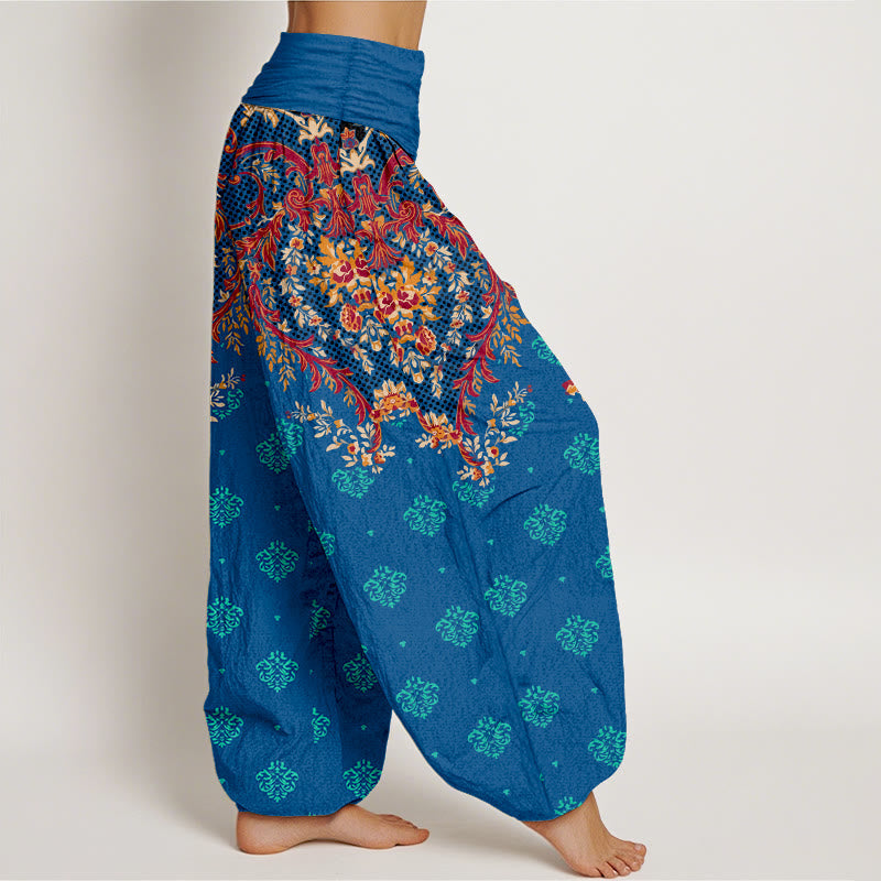 Nimara Ritual Cotton Symmetrical Leaf Scroll Pattern Women's Elastic Waist Harem Pants