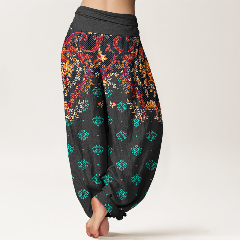 Nimara Ritual Cotton Symmetrical Leaf Scroll Pattern Women's Elastic Waist Harem Pants