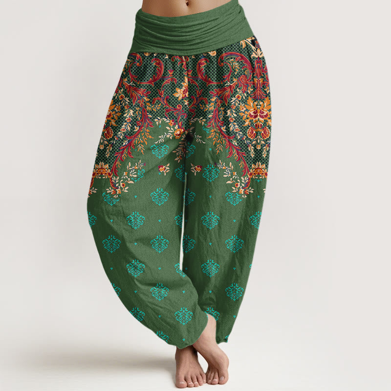 Nimara Ritual Cotton Symmetrical Leaf Scroll Pattern Women's Elastic Waist Harem Pants