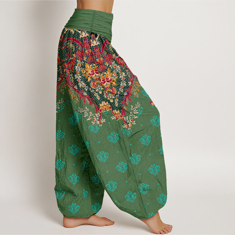 Nimara Ritual Cotton Symmetrical Leaf Scroll Pattern Women's Elastic Waist Harem Pants