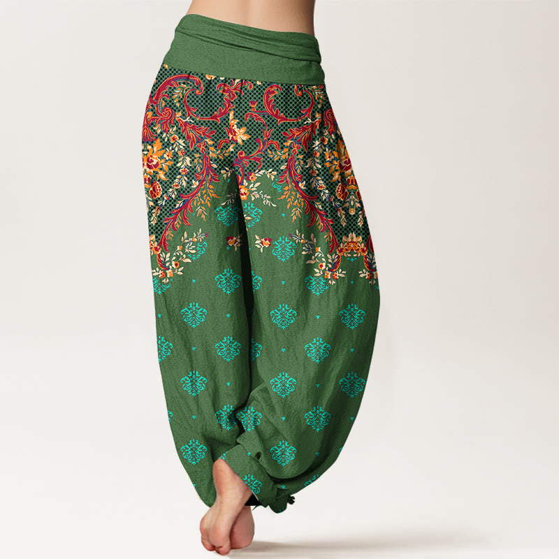 Nimara Ritual Cotton Symmetrical Leaf Scroll Pattern Women's Elastic Waist Harem Pants