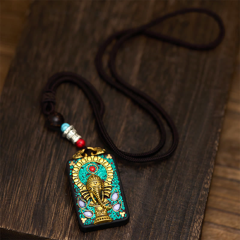 Nimara Ritual Tibetan Ganesh Ganpati Elephant Ebony Wood Rope Peace Necklace Pendant
