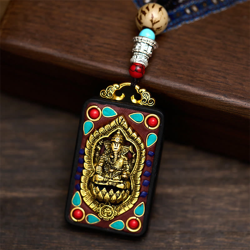 Nimara Ritual Tibetan Ganesh Ganpati Elephant Ebony Wood Rope Peace Necklace Pendant
