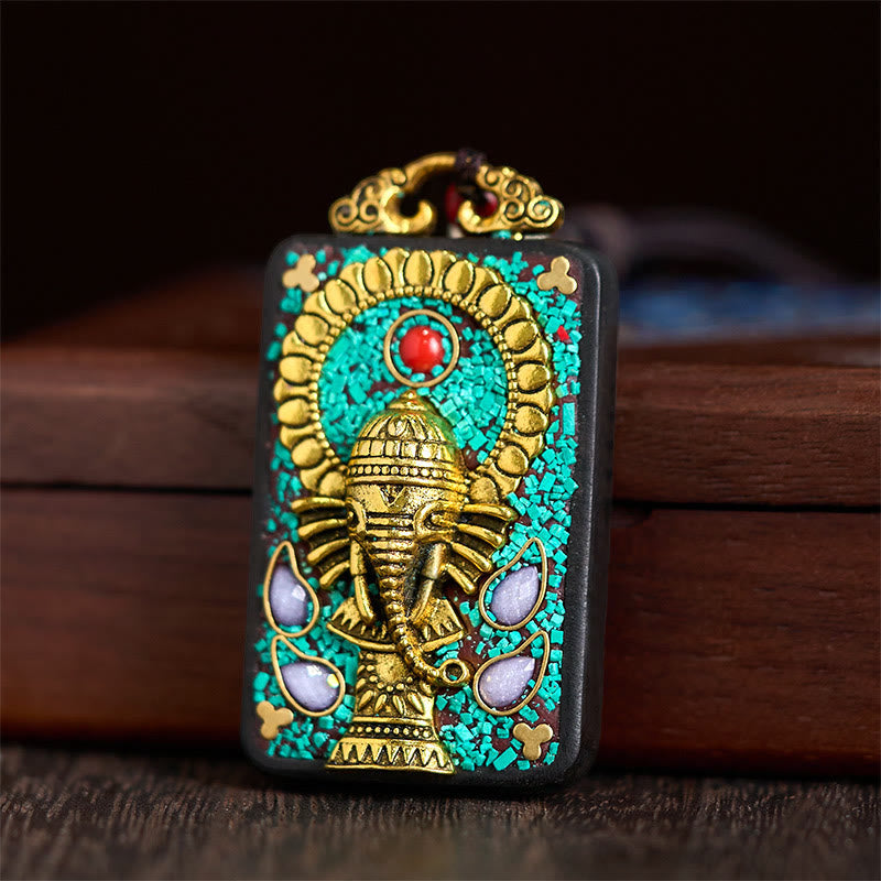 Nimara Ritual Tibetan Ganesh Ganpati Elephant Ebony Wood Rope Peace Necklace Pendant