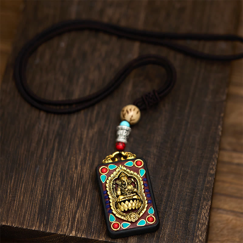 Nimara Ritual Tibetan Ganesh Ganpati Elephant Ebony Wood Rope Peace Necklace Pendant
