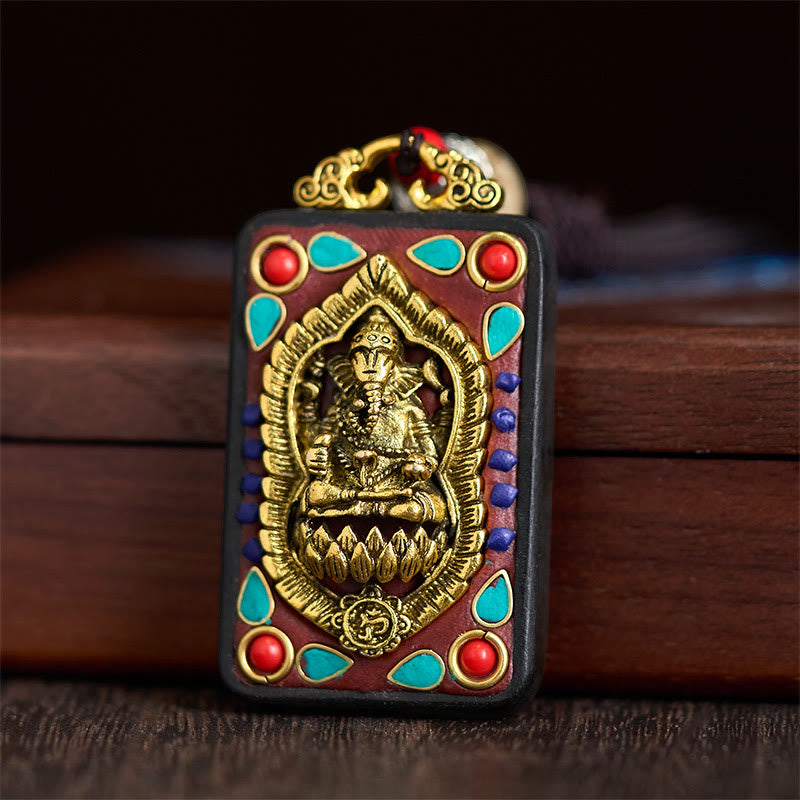 Nimara Ritual Tibetan Ganesh Ganpati Elephant Ebony Wood Rope Peace Necklace Pendant