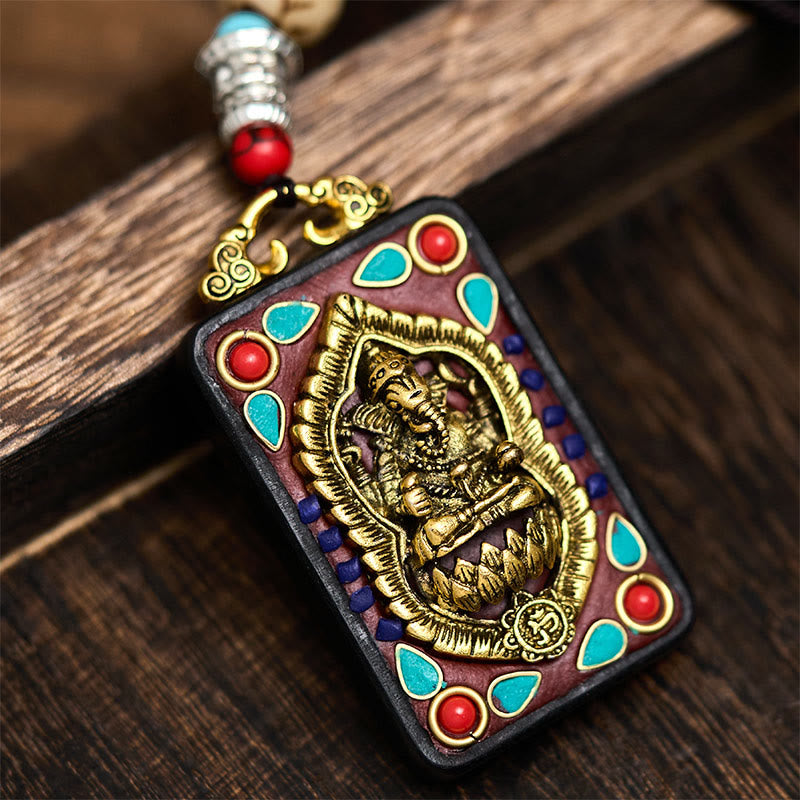 Nimara Ritual Tibetan Ganesh Ganpati Elephant Ebony Wood Rope Peace Necklace Pendant