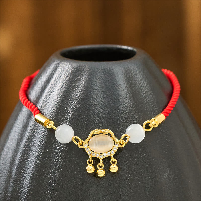 Nimara Ritual Chinese Lock Charm Cat's Eye Red String Copper Plated Gold Protection Bracelet