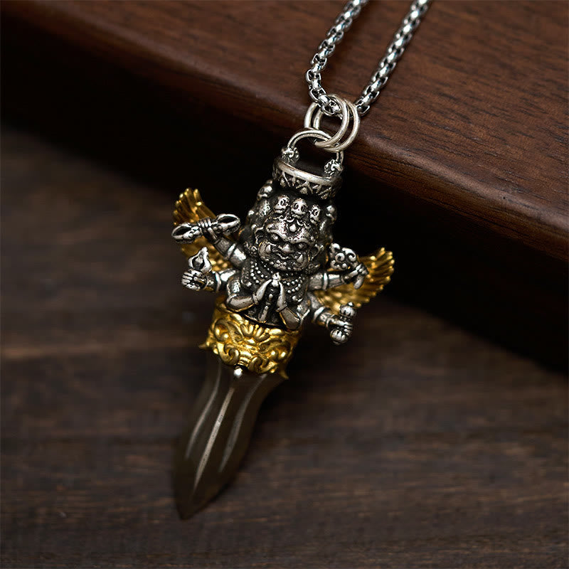 Nimara Ritual Tibetan Vajra Three Heads Six Arms Design Copper Healing Spiritual Power Necklace Pendant