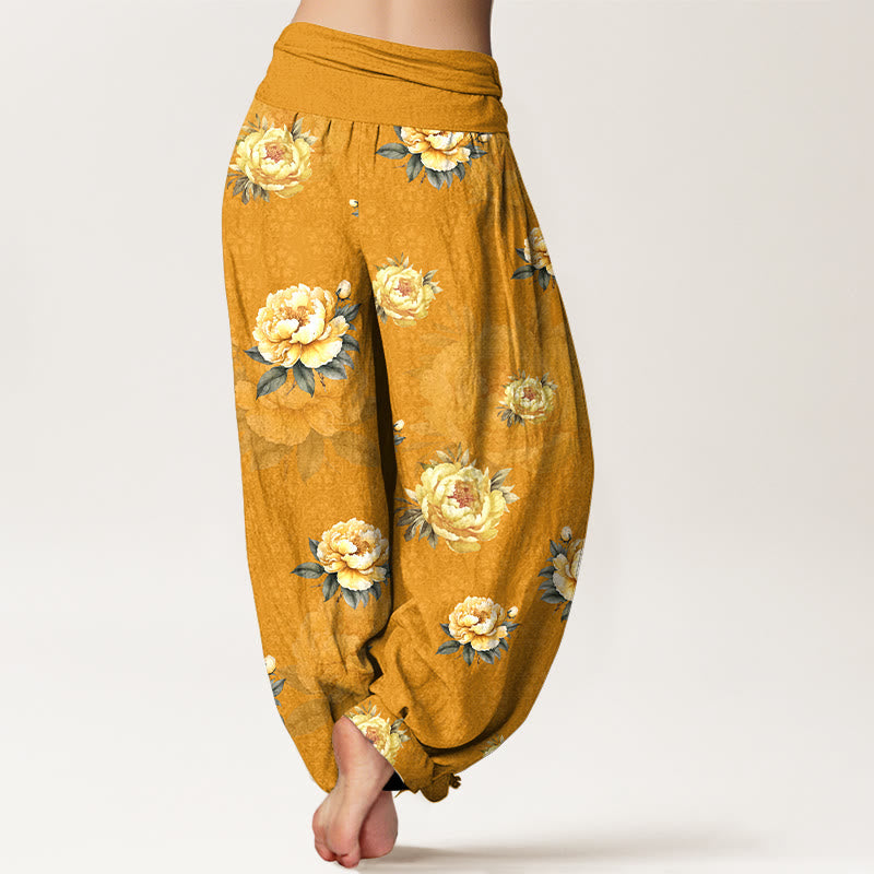 Nimara Ritual Cotton Delicate Peony Pattern Women's Elastic Waist Harem Pants