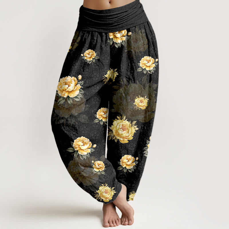 Nimara Ritual Cotton Delicate Peony Pattern Women's Elastic Waist Harem Pants