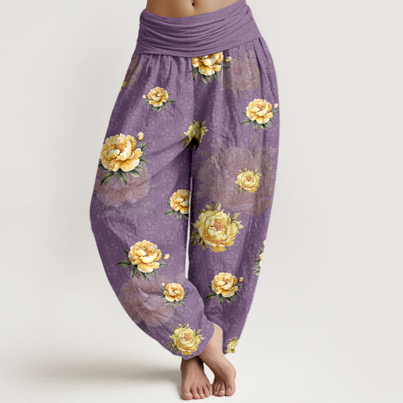 Nimara Ritual Cotton Delicate Peony Pattern Women's Elastic Waist Harem Pants