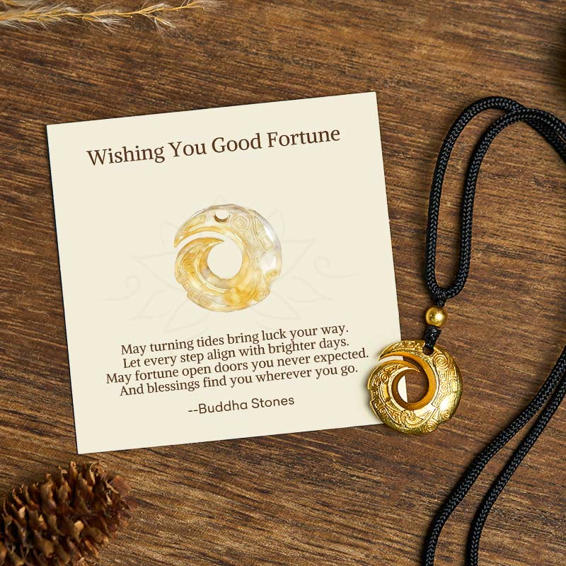 Nimara Ritual "Wishing You Good Fortune" 24k Gold Plated Brass Peace Buckle Black Rope Necklace Includes Gift Message Card