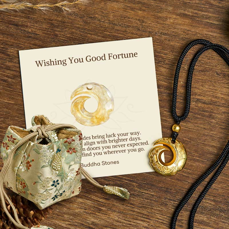 Nimara Ritual "Wishing You Good Fortune" 24k Gold Plated Brass Peace Buckle Black Rope Necklace Includes Gift Message Card