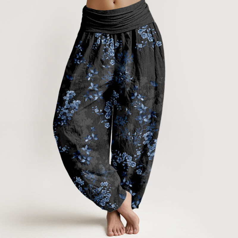 Nimara Ritual Cotton Hazy Flower Leaf Pattern Women's Elastic Waist Harem Pants