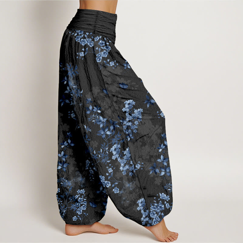 Nimara Ritual Cotton Hazy Flower Leaf Pattern Women's Elastic Waist Harem Pants
