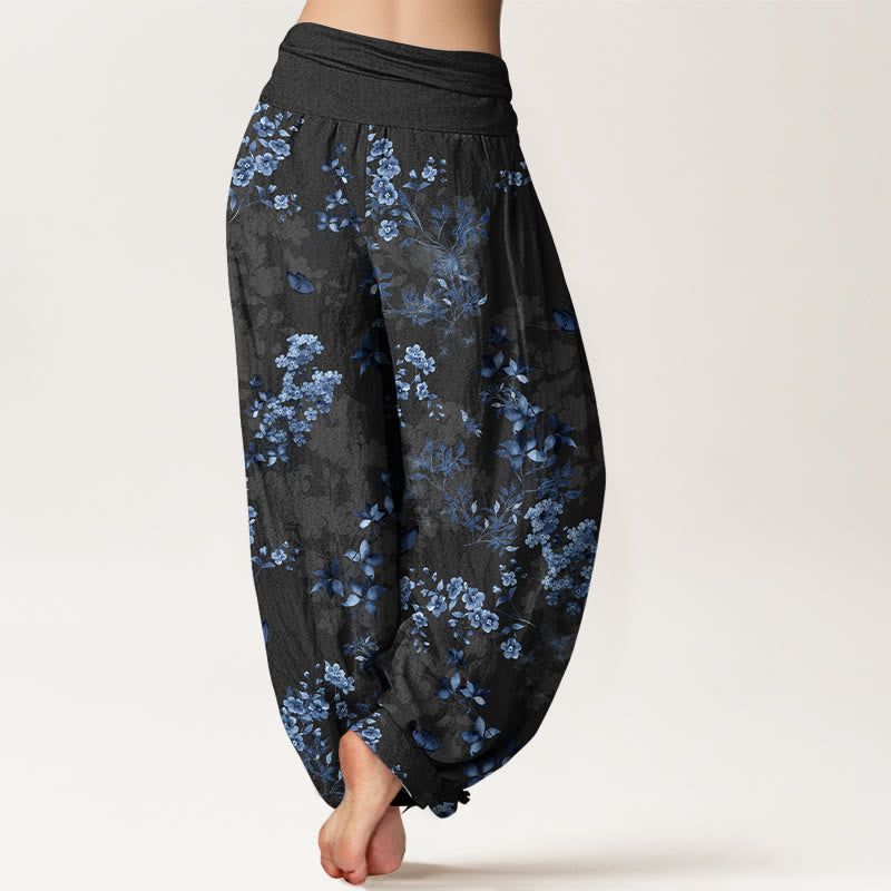 Nimara Ritual Cotton Hazy Flower Leaf Pattern Women's Elastic Waist Harem Pants