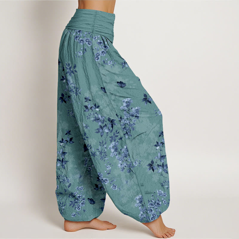 Nimara Ritual Cotton Hazy Flower Leaf Pattern Women's Elastic Waist Harem Pants