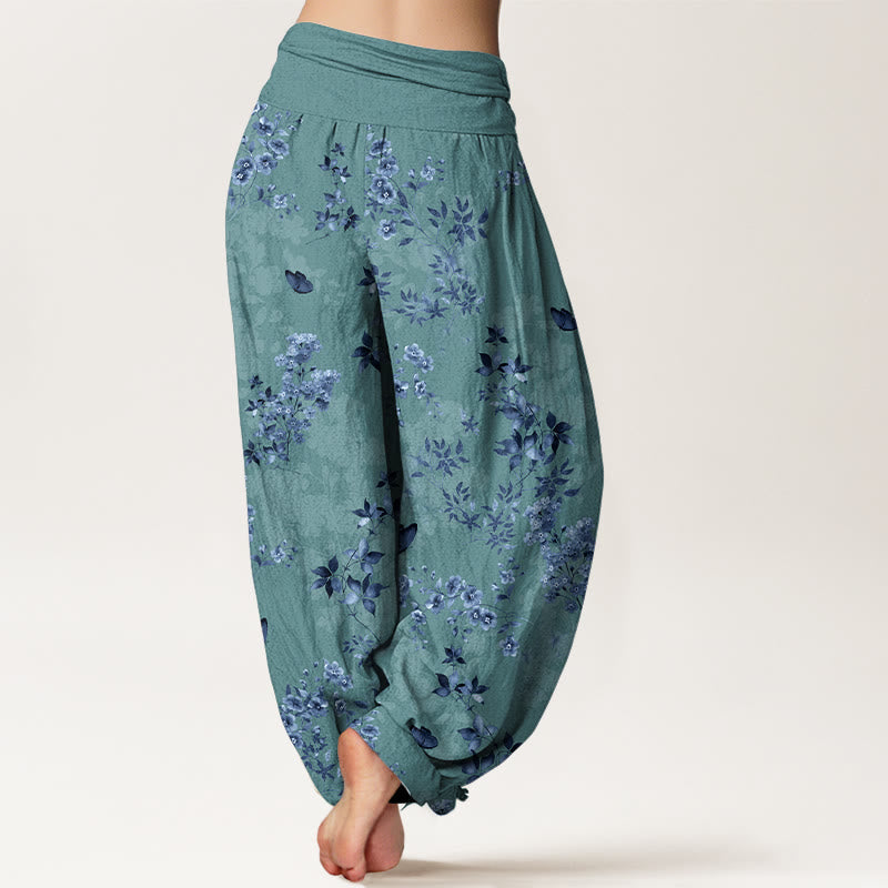 Nimara Ritual Cotton Hazy Flower Leaf Pattern Women's Elastic Waist Harem Pants