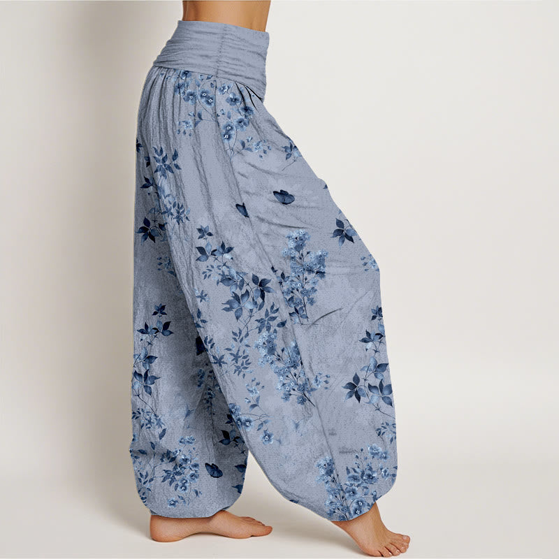 Nimara Ritual Cotton Hazy Flower Leaf Pattern Women's Elastic Waist Harem Pants