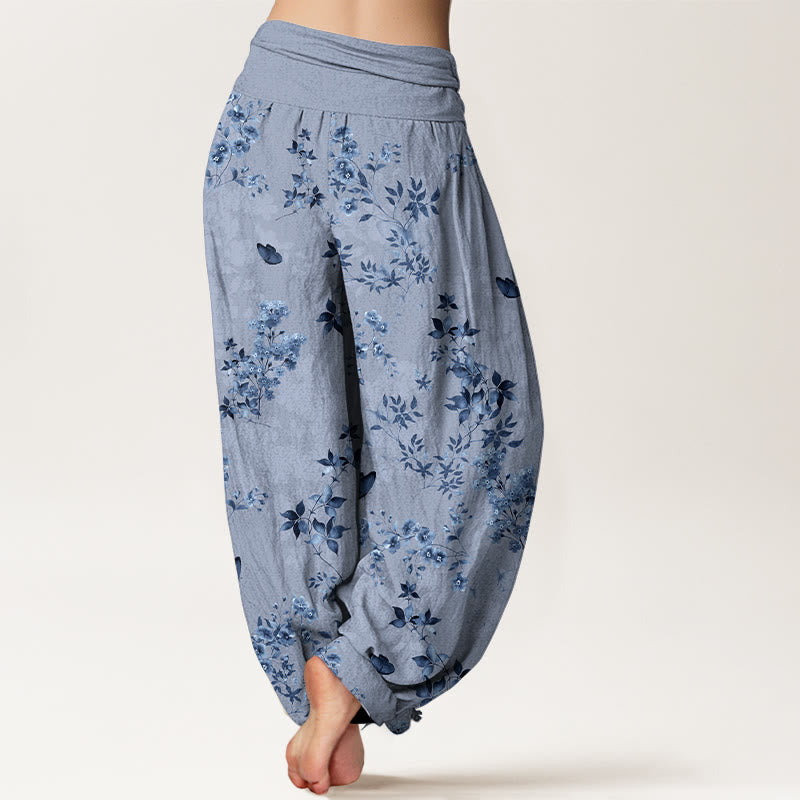 Nimara Ritual Cotton Hazy Flower Leaf Pattern Women's Elastic Waist Harem Pants