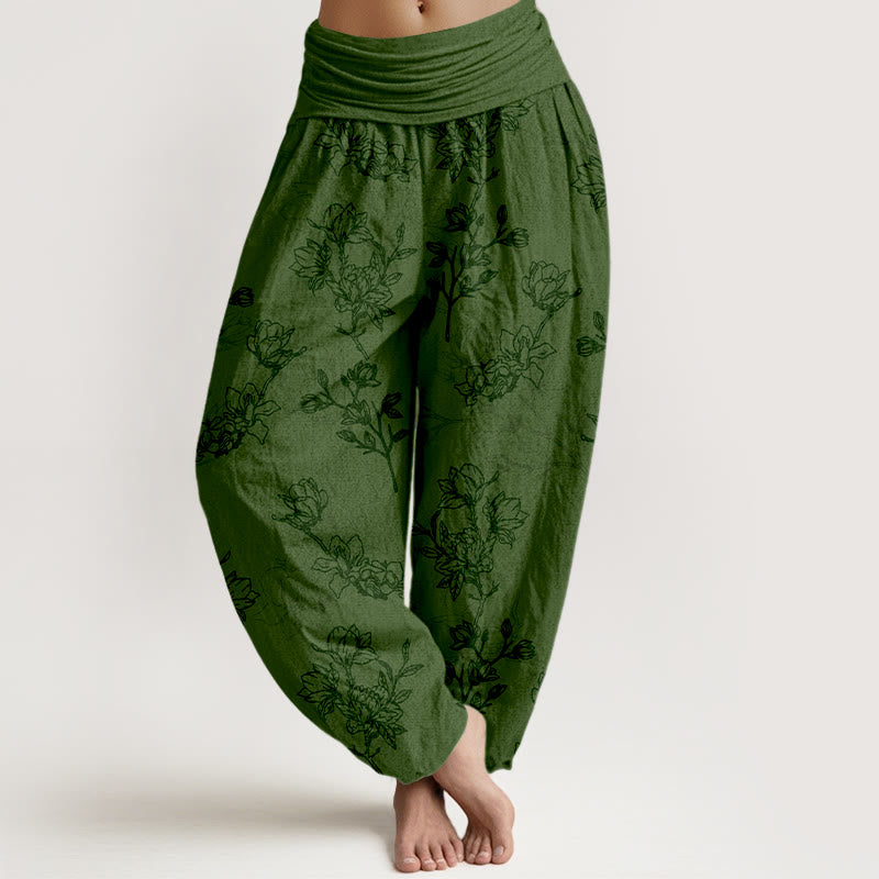 Nimara Ritual Cotton Simple Flower Bud Pattern Women's Elastic Waist Harem Pants