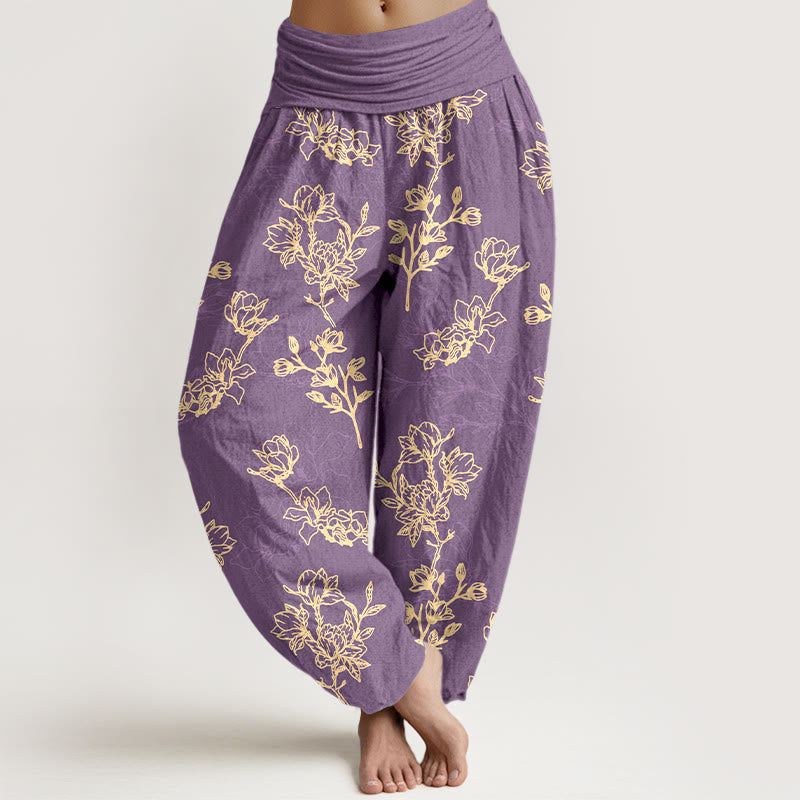 Nimara Ritual Cotton Simple Flower Bud Pattern Women's Elastic Waist Harem Pants