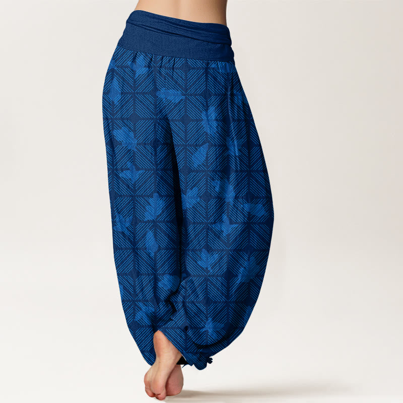 Nimara Ritual Cotton Neatly Arranged Checkered Leaf Pattern Women's Elastic Waist Harem Pants
