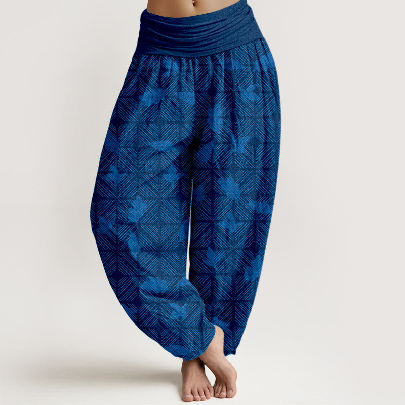 Nimara Ritual Cotton Neatly Arranged Checkered Leaf Pattern Women's Elastic Waist Harem Pants