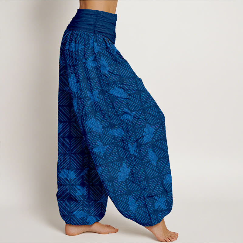 Nimara Ritual Cotton Neatly Arranged Checkered Leaf Pattern Women's Elastic Waist Harem Pants