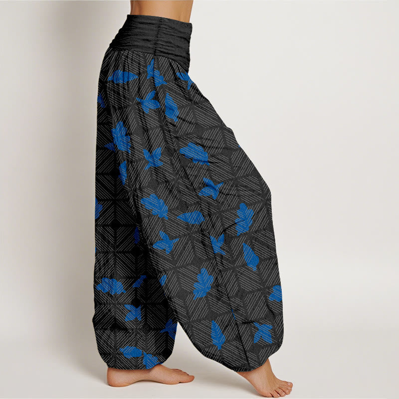Nimara Ritual Cotton Neatly Arranged Checkered Leaf Pattern Women's Elastic Waist Harem Pants