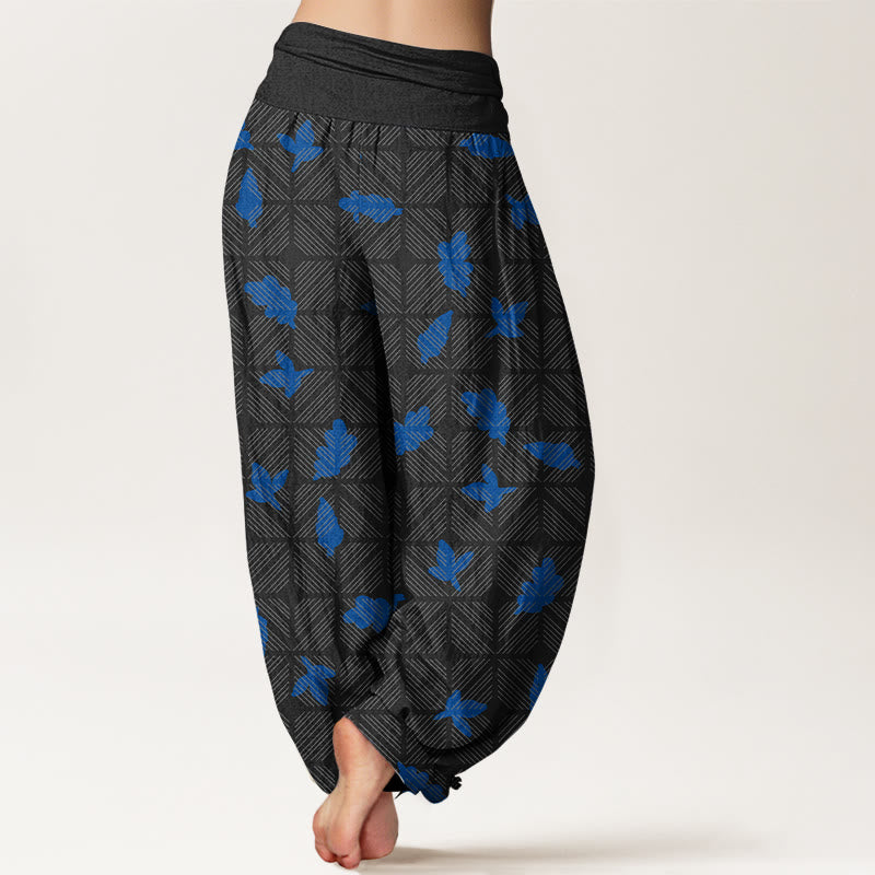 Nimara Ritual Cotton Neatly Arranged Checkered Leaf Pattern Women's Elastic Waist Harem Pants