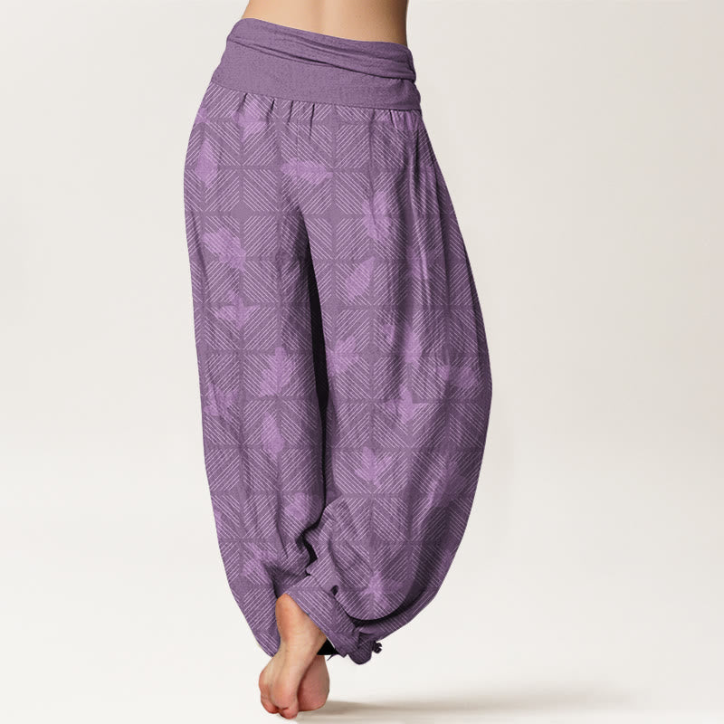 Nimara Ritual Cotton Neatly Arranged Checkered Leaf Pattern Women's Elastic Waist Harem Pants