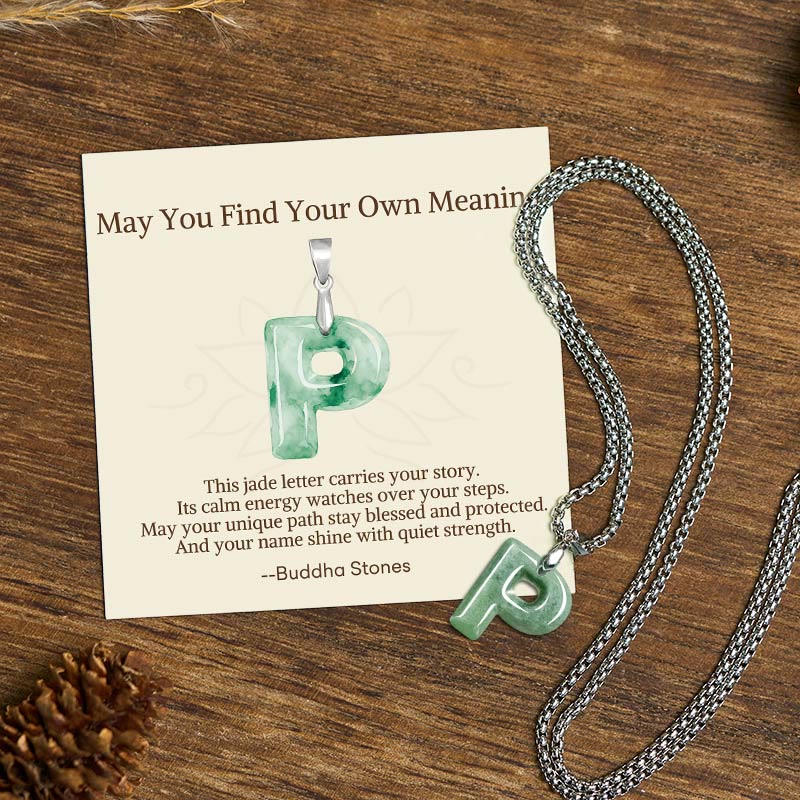 Nimara Ritual "May You Find Your Own Meaning" Natural A-Z Letter Jade Titanium Steel Chain Necklace Includes Gift Message Card