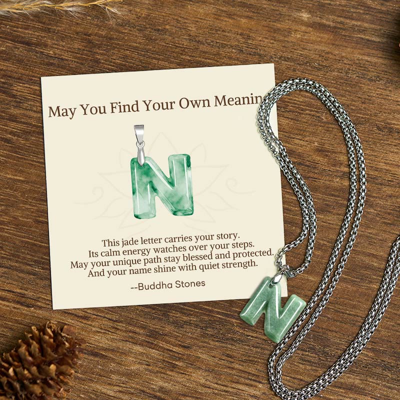 Nimara Ritual "May You Find Your Own Meaning" Natural A-Z Letter Jade Titanium Steel Chain Necklace Includes Gift Message Card
