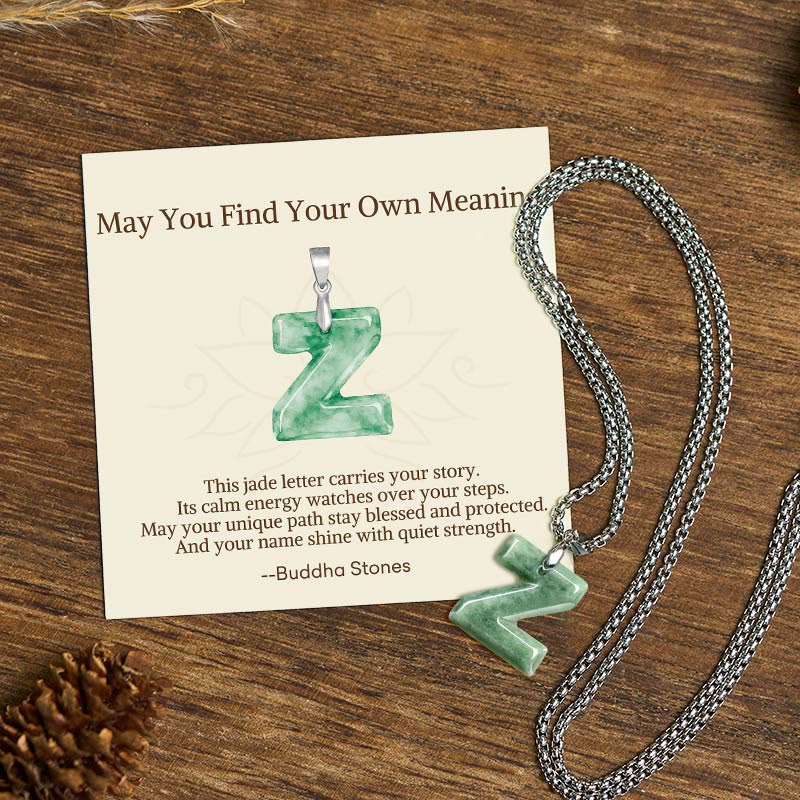 Nimara Ritual "May You Find Your Own Meaning" Natural A-Z Letter Jade Titanium Steel Chain Necklace Includes Gift Message Card