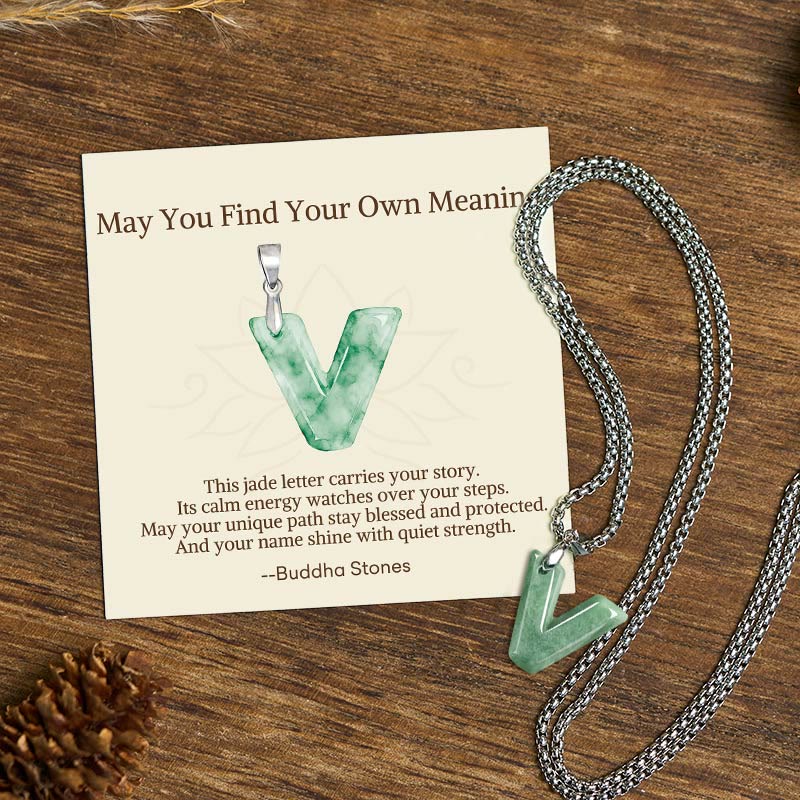 Nimara Ritual "May You Find Your Own Meaning" Natural A-Z Letter Jade Titanium Steel Chain Necklace Includes Gift Message Card