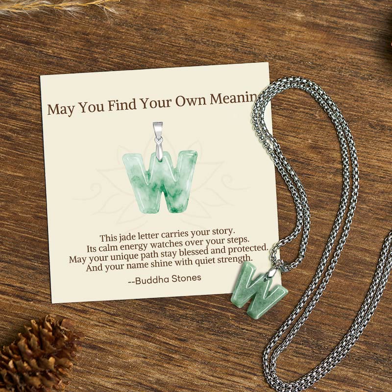 Nimara Ritual "May You Find Your Own Meaning" Natural A-Z Letter Jade Titanium Steel Chain Necklace Includes Gift Message Card