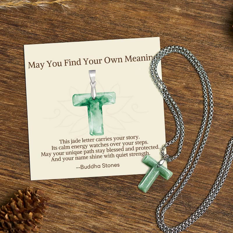Nimara Ritual "May You Find Your Own Meaning" Natural A-Z Letter Jade Titanium Steel Chain Necklace Includes Gift Message Card