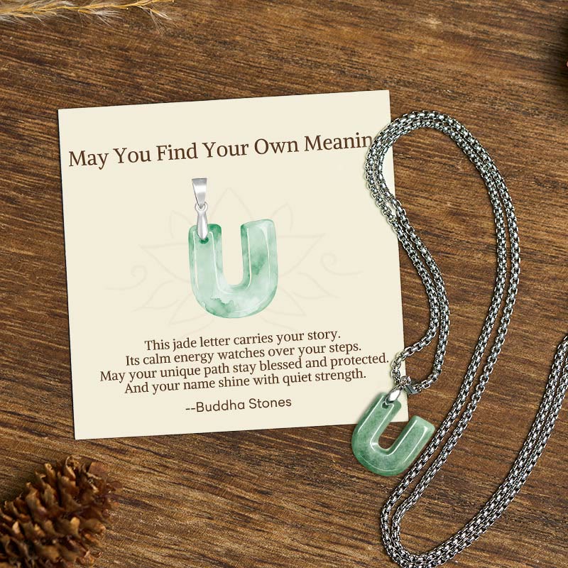 Nimara Ritual "May You Find Your Own Meaning" Natural A-Z Letter Jade Titanium Steel Chain Necklace Includes Gift Message Card