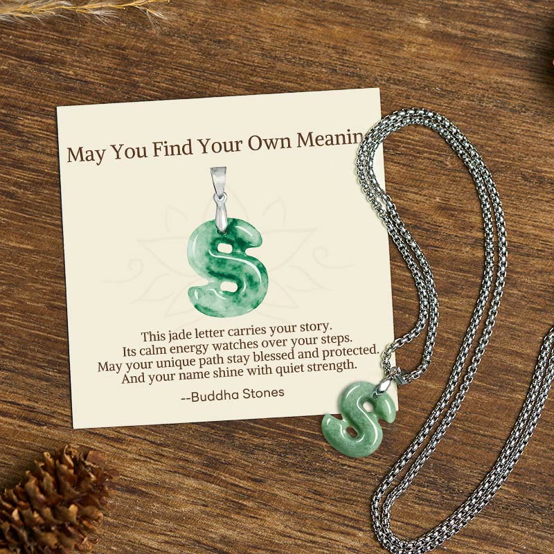 Nimara Ritual "May You Find Your Own Meaning" Natural A-Z Letter Jade Titanium Steel Chain Necklace Includes Gift Message Card