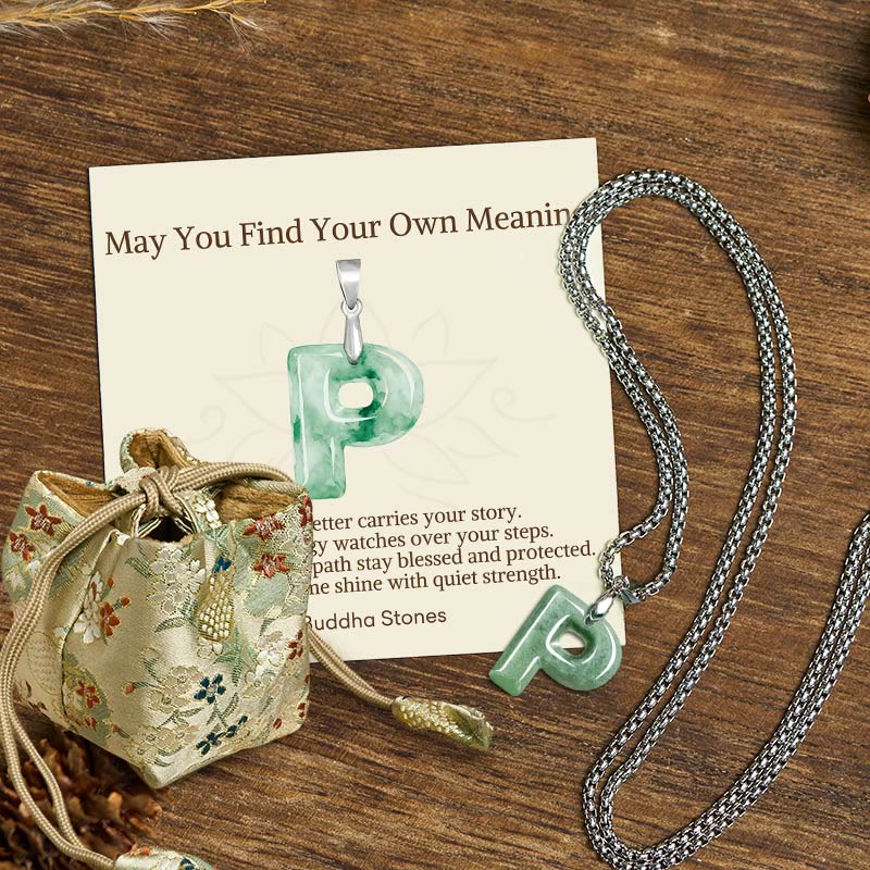 Nimara Ritual "May You Find Your Own Meaning" Natural A-Z Letter Jade Titanium Steel Chain Necklace Includes Gift Message Card