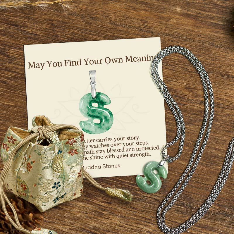 Nimara Ritual "May You Find Your Own Meaning" Natural A-Z Letter Jade Titanium Steel Chain Necklace Includes Gift Message Card