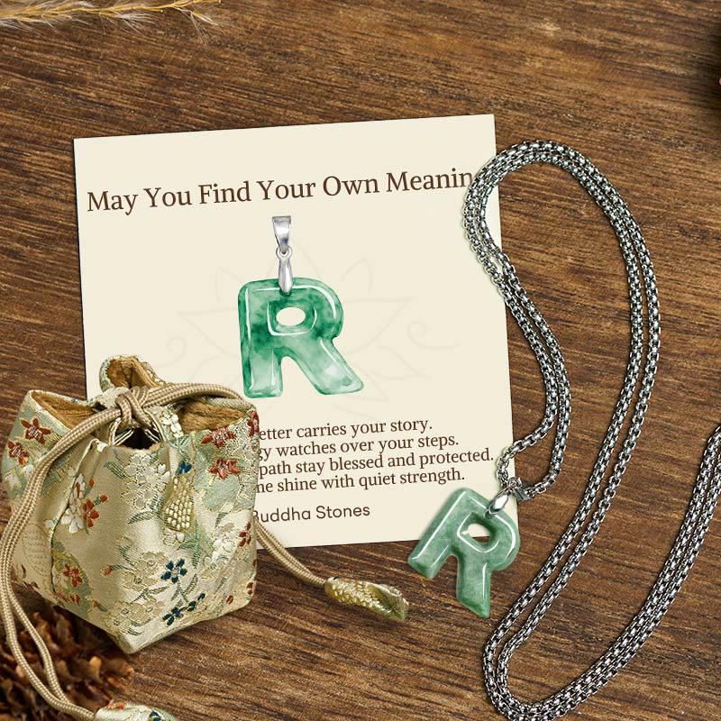 Nimara Ritual "May You Find Your Own Meaning" Natural A-Z Letter Jade Titanium Steel Chain Necklace Includes Gift Message Card