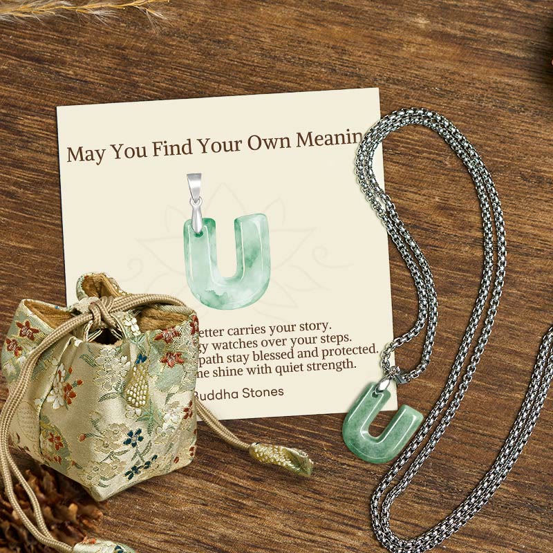 Nimara Ritual "May You Find Your Own Meaning" Natural A-Z Letter Jade Titanium Steel Chain Necklace Includes Gift Message Card